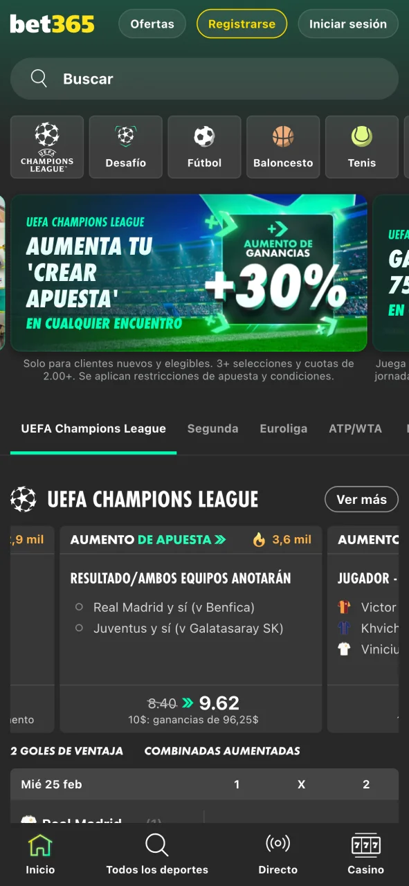 Explora en la aplicación de Bet365 todas las funciones.