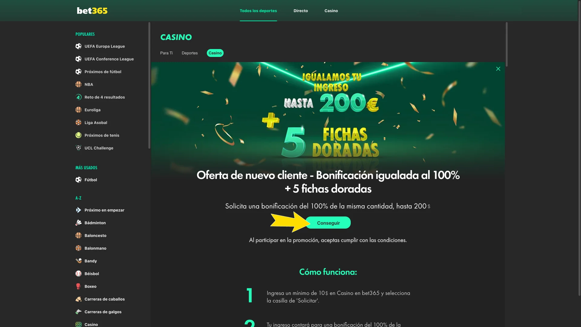 Selecciona la promoción de tu preferencia en Bet365.