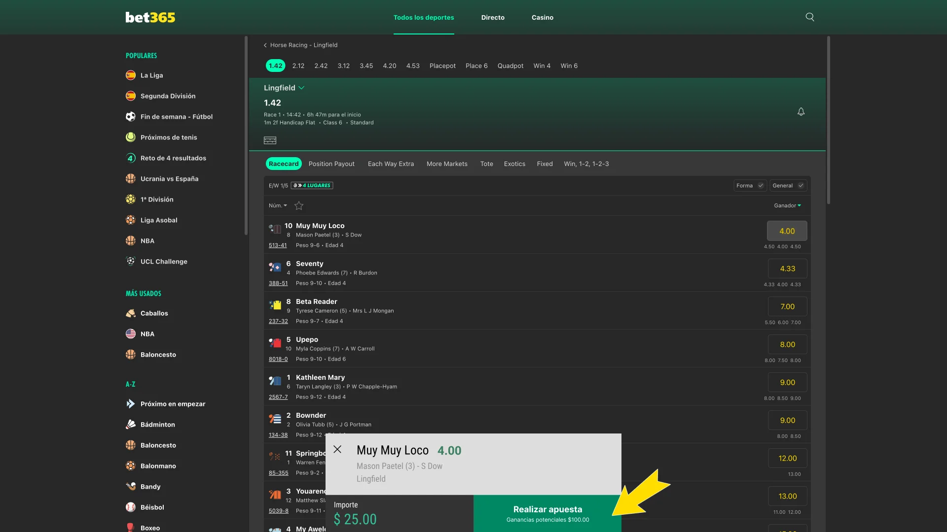 Finaliza en Bet365 el proceso para realizar la apuesta.