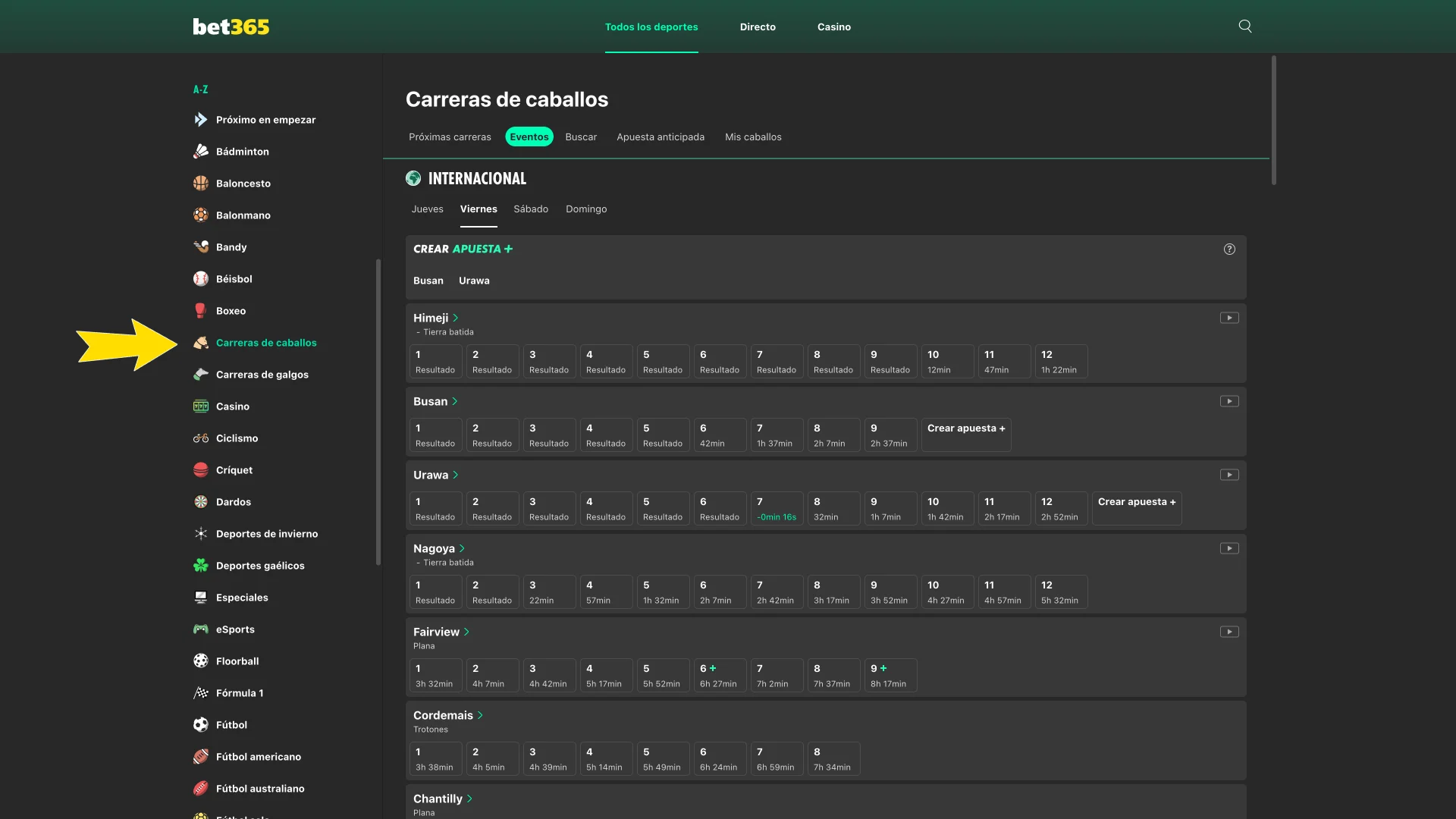 La plataforma Bet365 ofrece una categoría dedicada a la hípica.