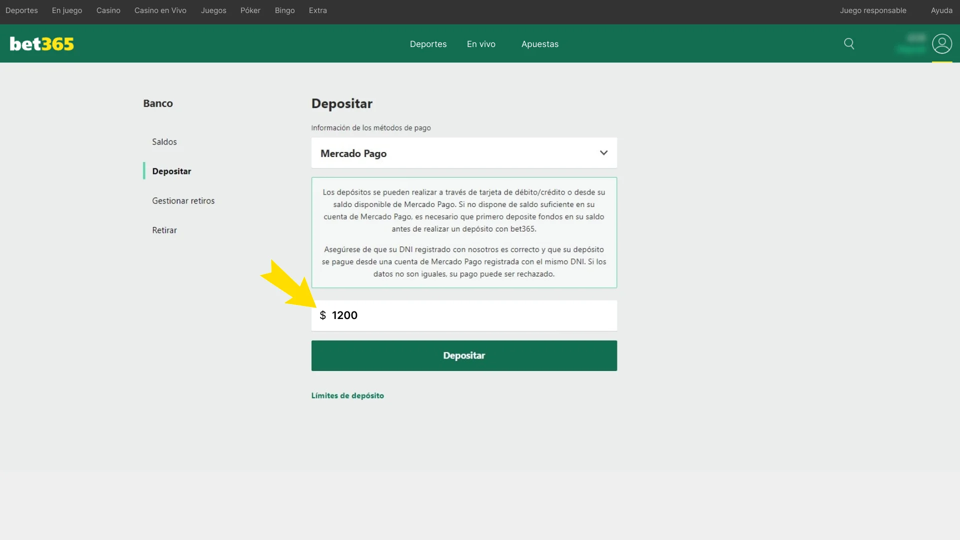 Añade fondos a tu saldo personal en Bet365.