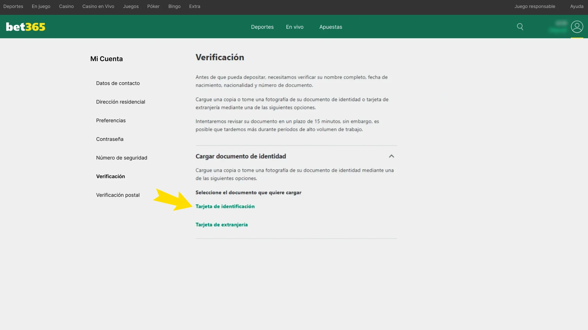 Verifica tu identidad oficial para jugar en Bet365.