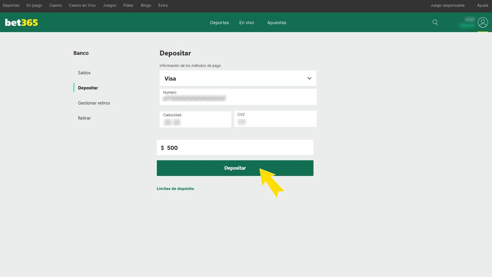 Añade fondos suficientes para jugar en Bet365.