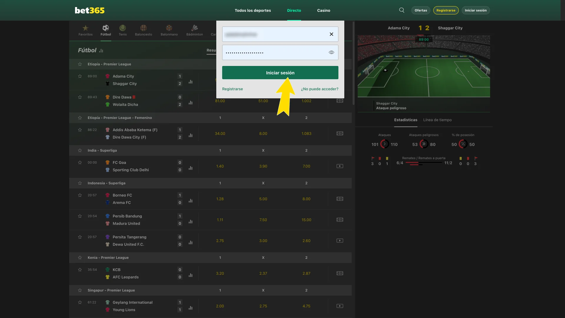 Escribe tus datos de acceso para entrar en Bet365.