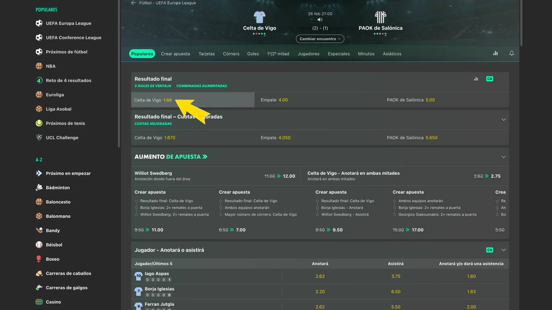 Selecciona un evento de Bet365 para apostar.