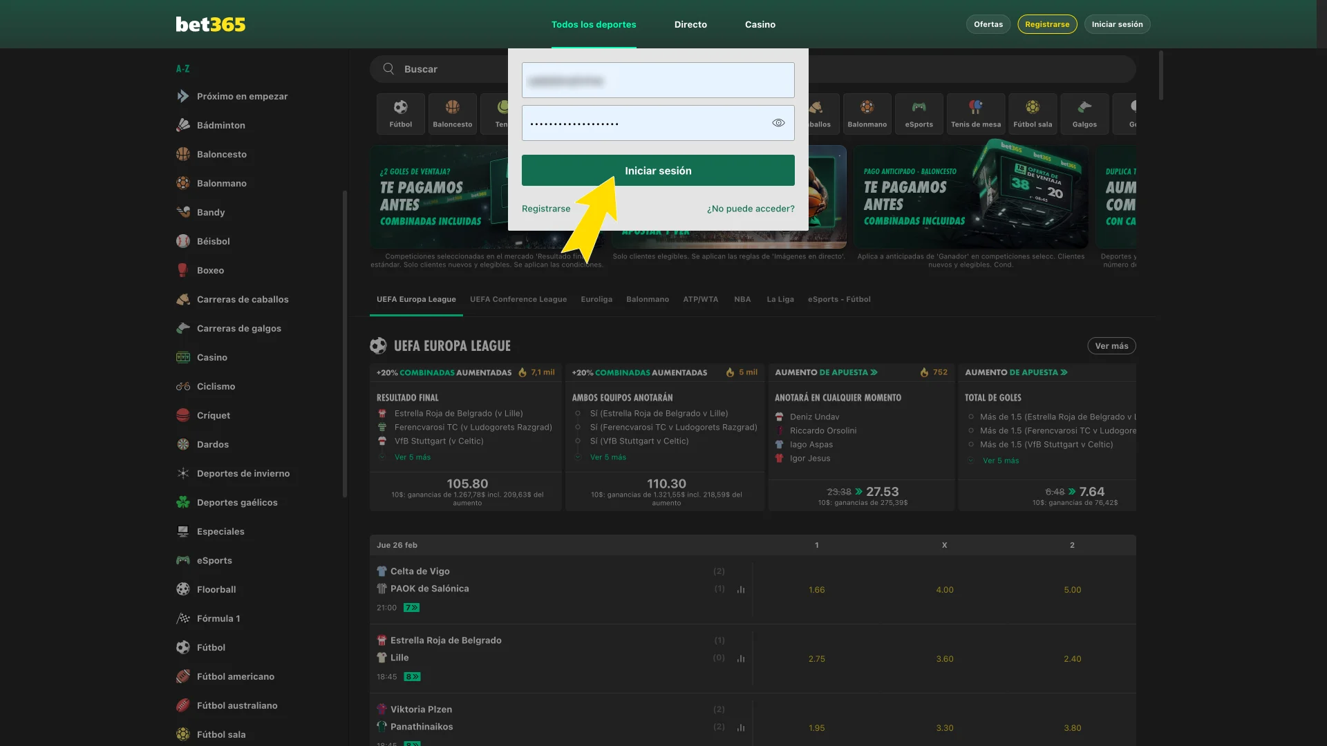 Presiona entrar para disfrutar los juegos de Bet365.