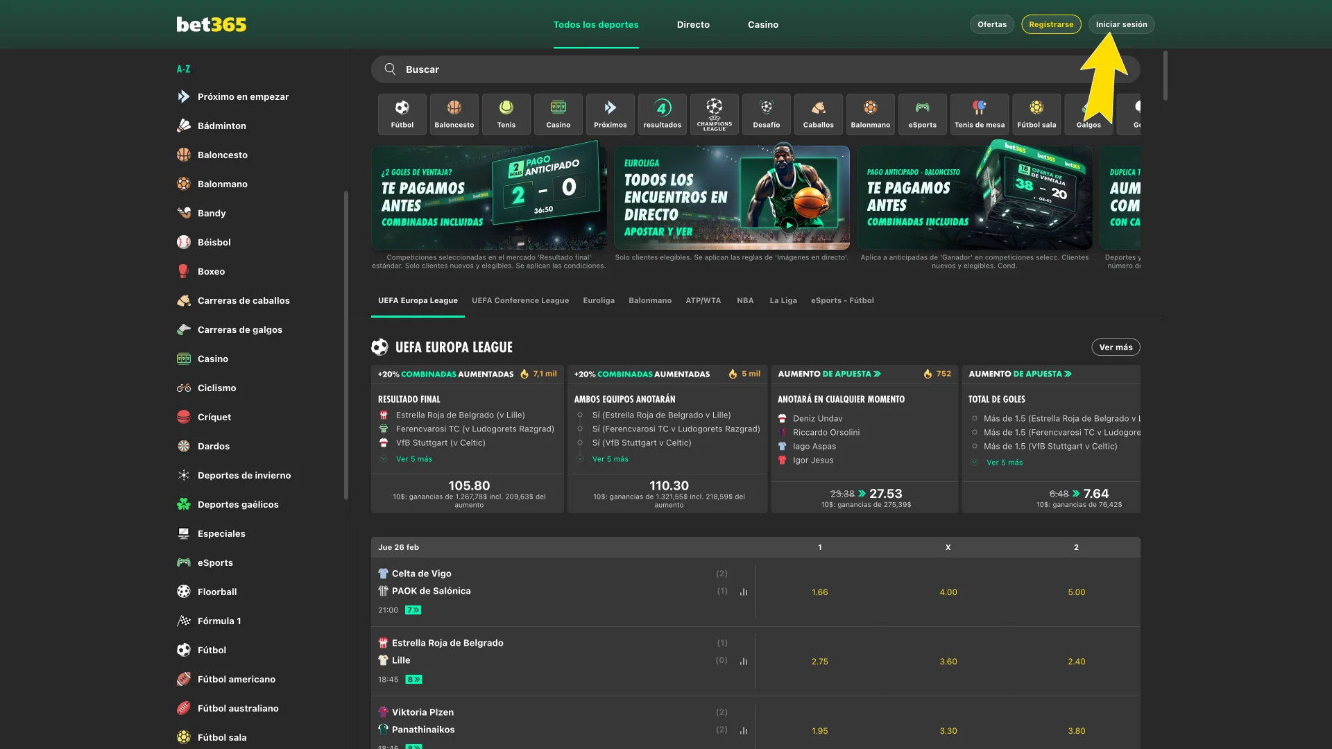 Busca el botón de acceso en Bet365.