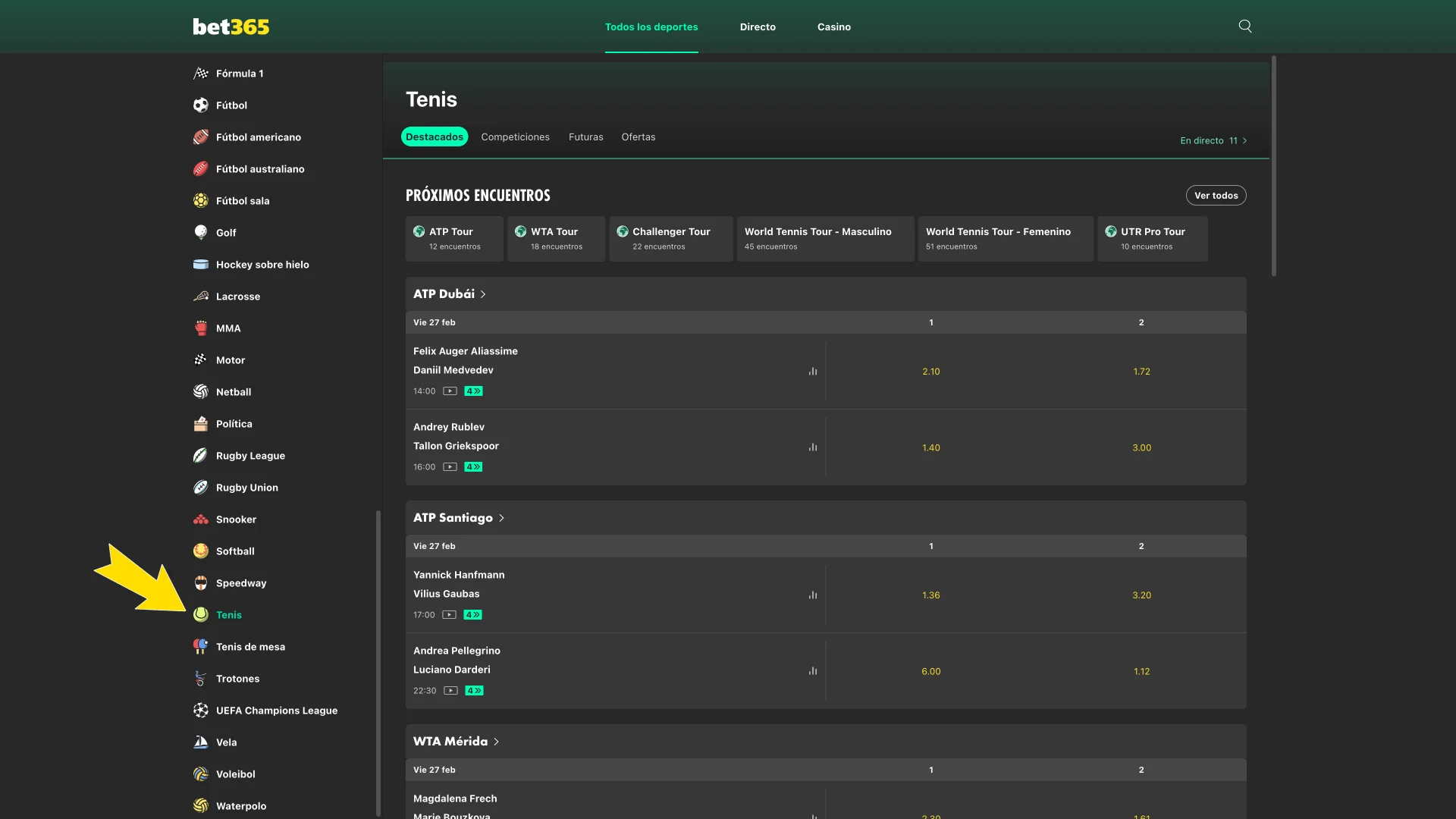 Encuentra el tenis en el menú de Bet365.