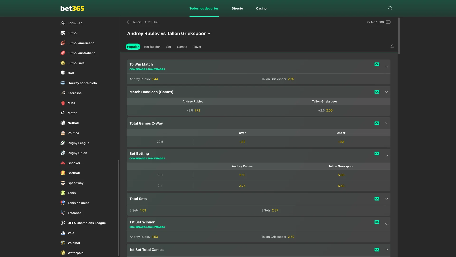 Localiza el torneo de tu preferencia en Bet365.
