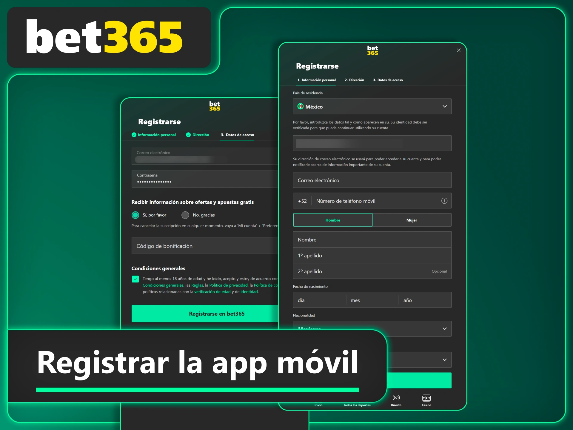 Abre la app Bet365 y completa tu registro fácilmente para empezar a jugar.