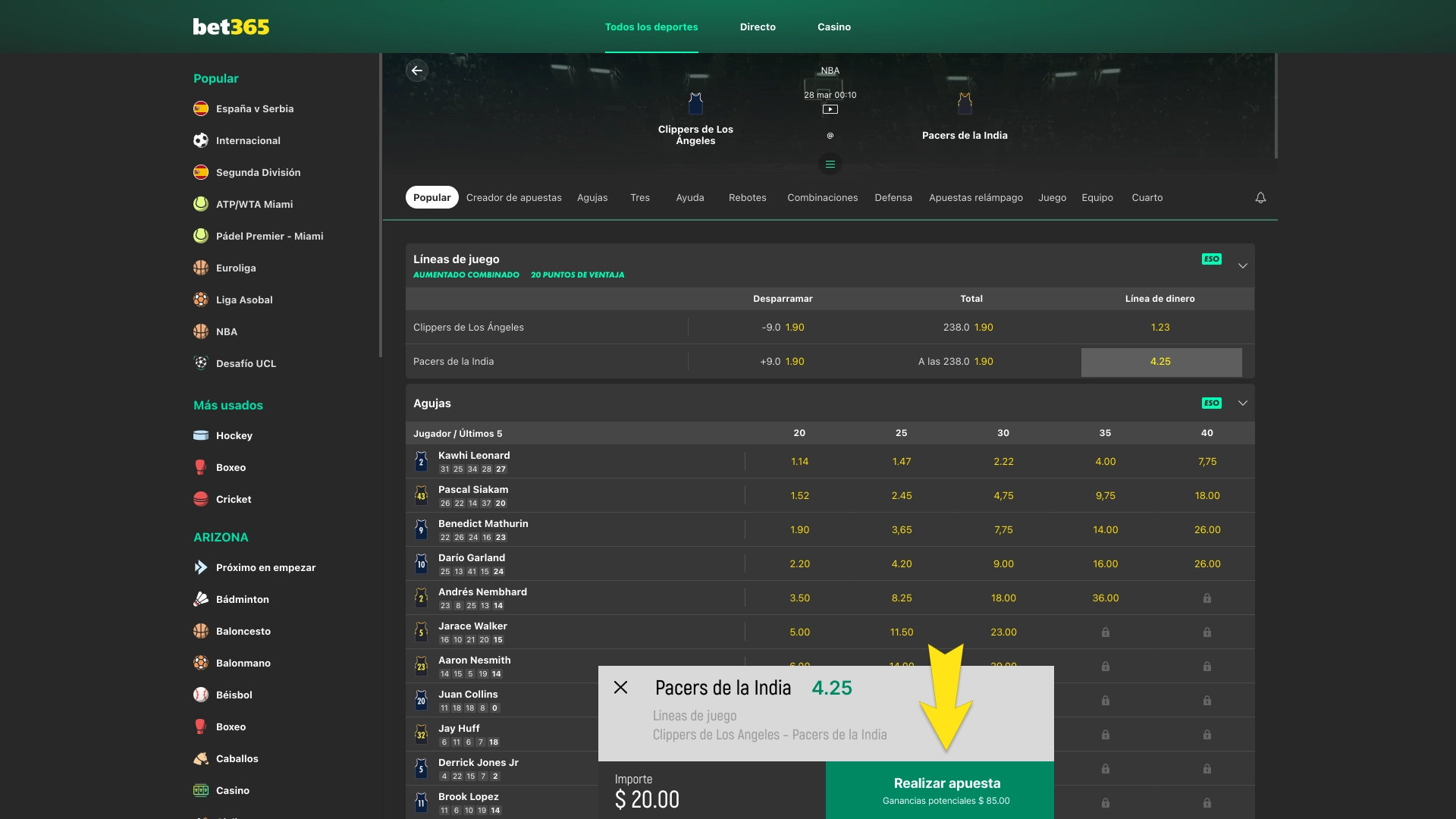 Agrega tu apuesta en Bet365 y finaliza el proceso con unos pocos clics.
