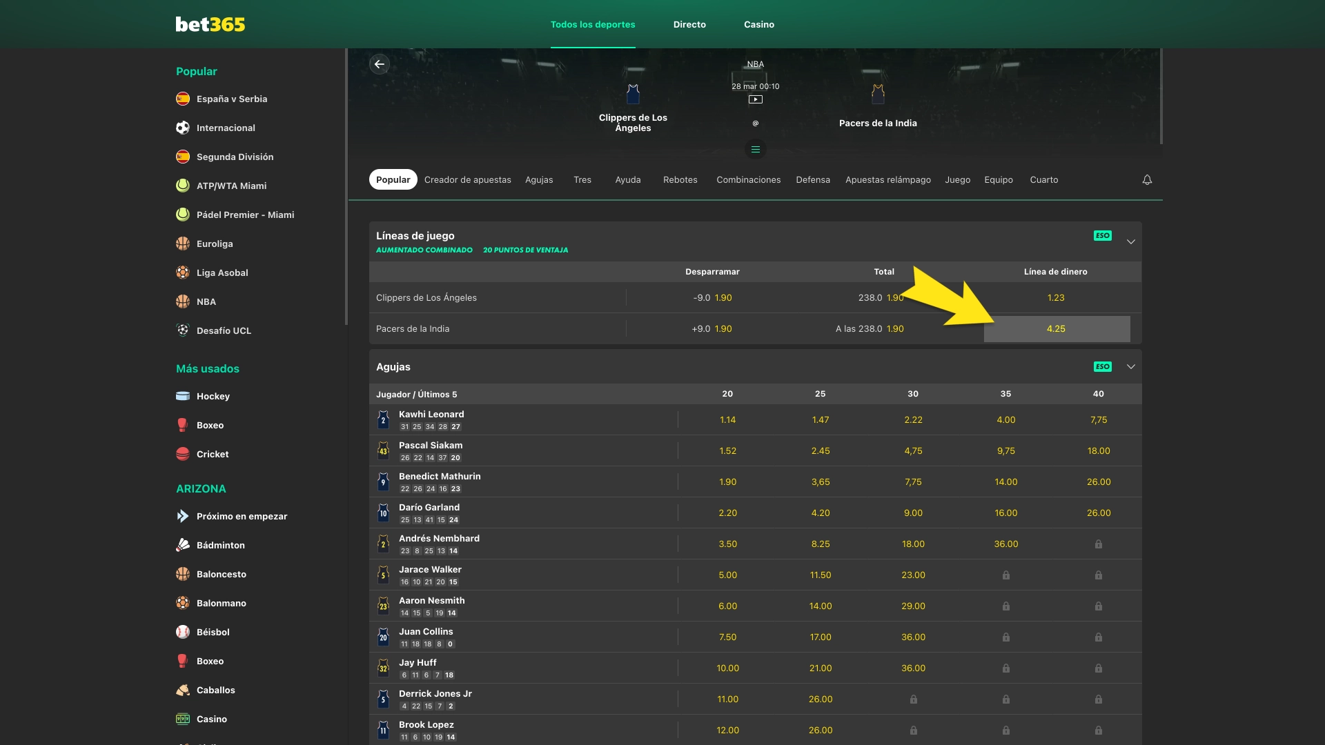 Elige tu mercado en Bet365 y encuentra opciones como ganador, totales y más.