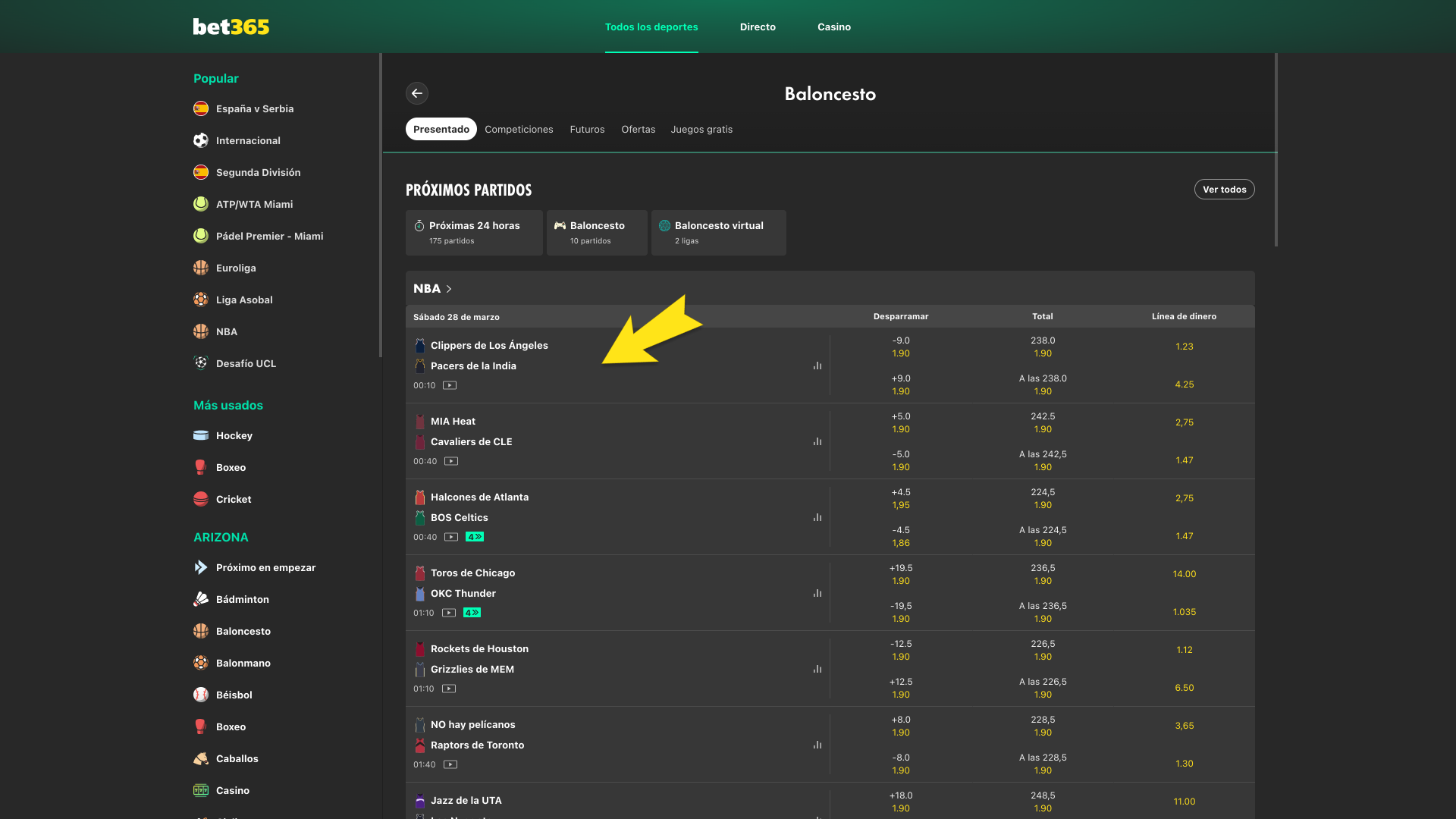 Ve a baloncesto en Bet365 y explora todos los partidos disponibles en un solo lugar.