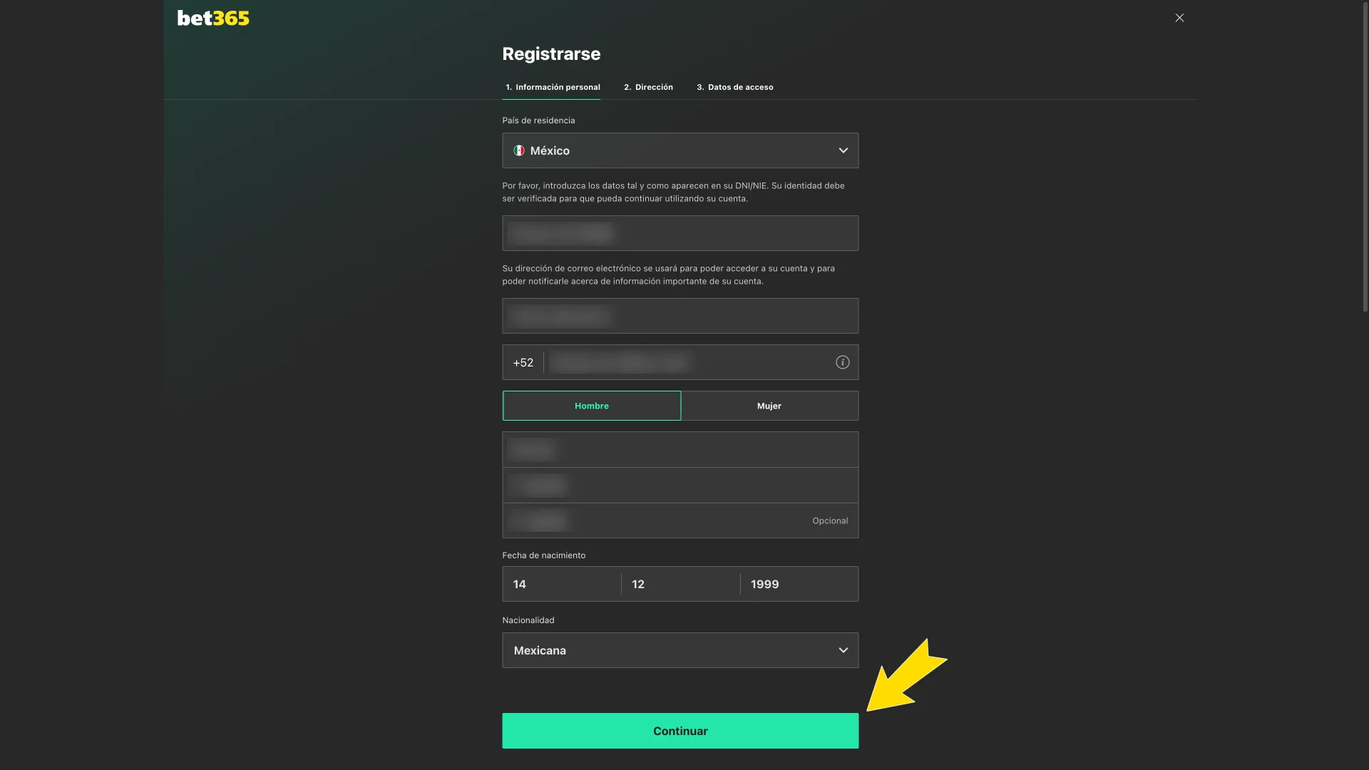 Escribe tus datos de acceso en Bet365.