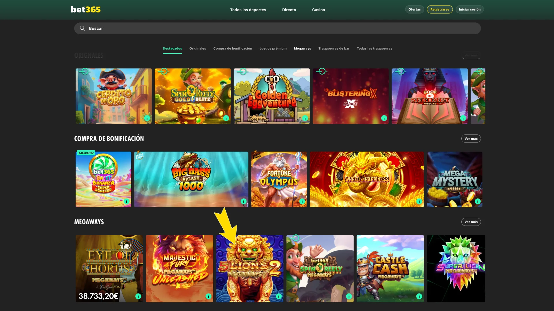 Explora el catálogo de tragamonedas dentro de Bet365.