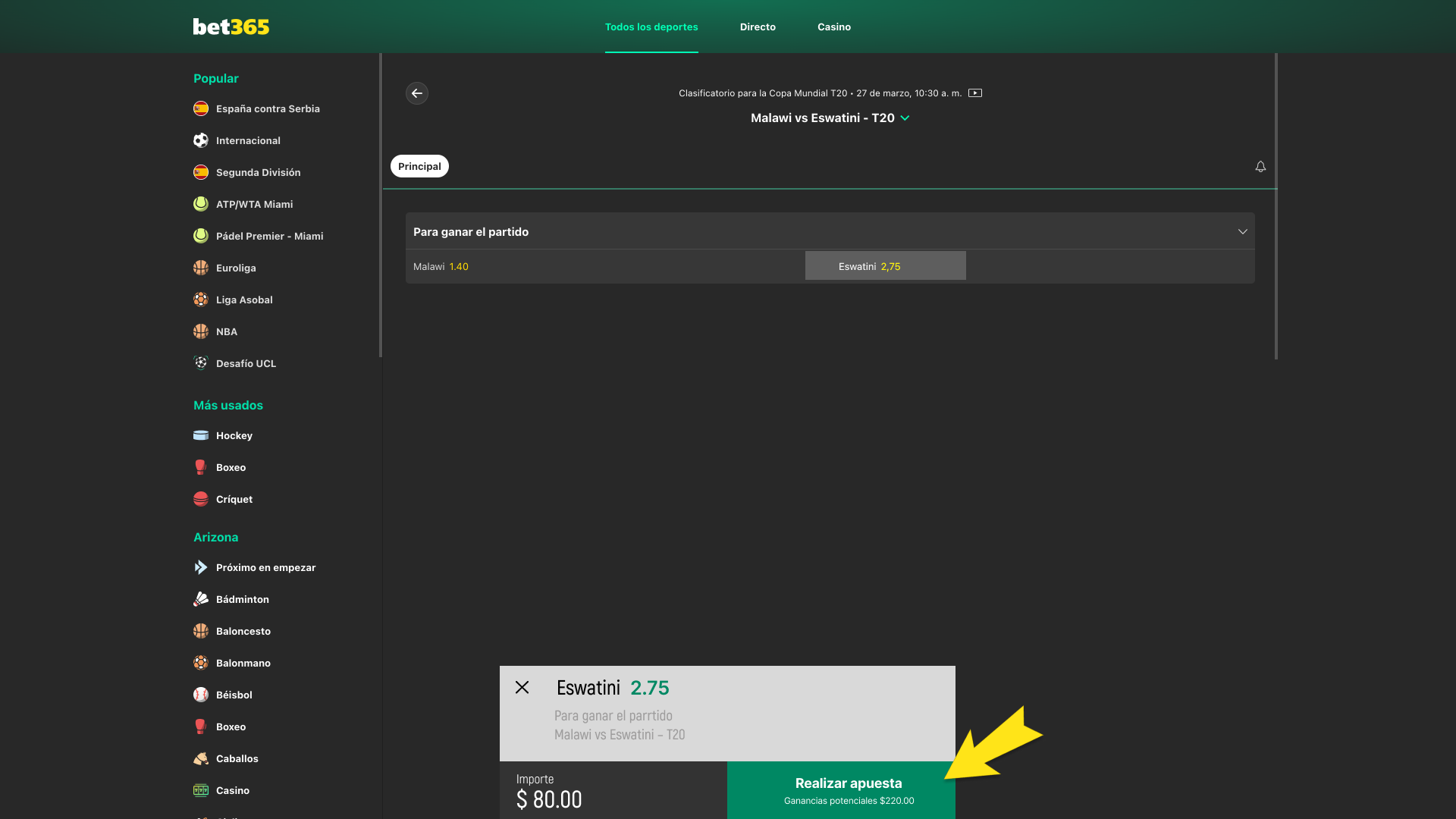 Finaliza tu apuesta en Bet365 y recibe confirmación inmediata.