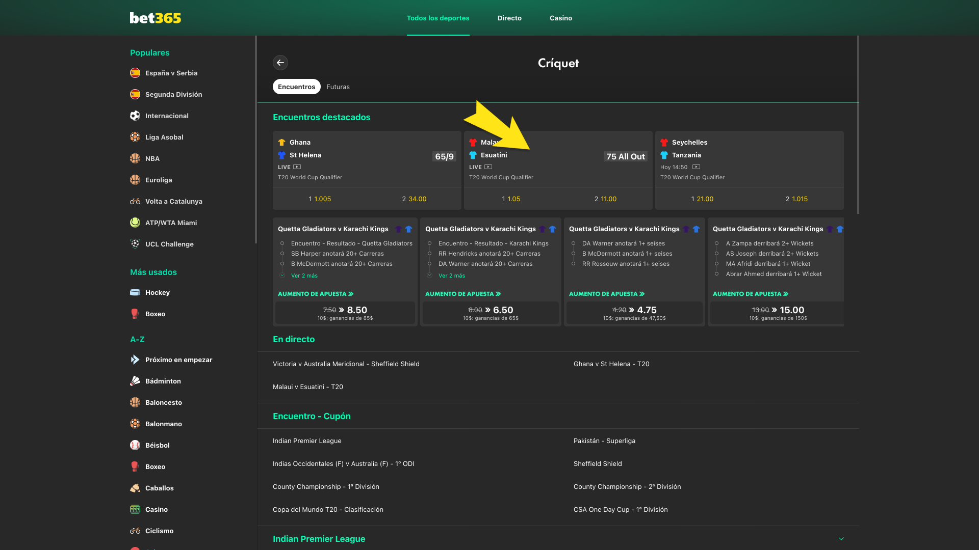 Dirígete a críquet en Bet365 y selecciona rápidamente tu evento.