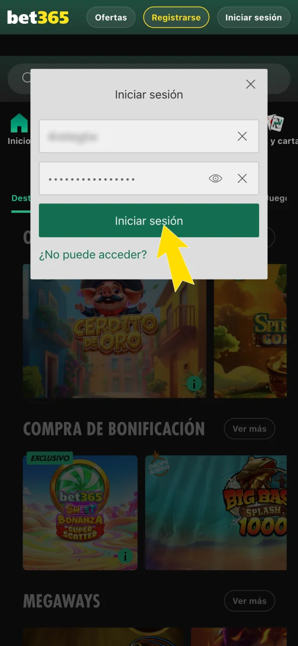 Inicia sesión en la aplicación de Bet365.