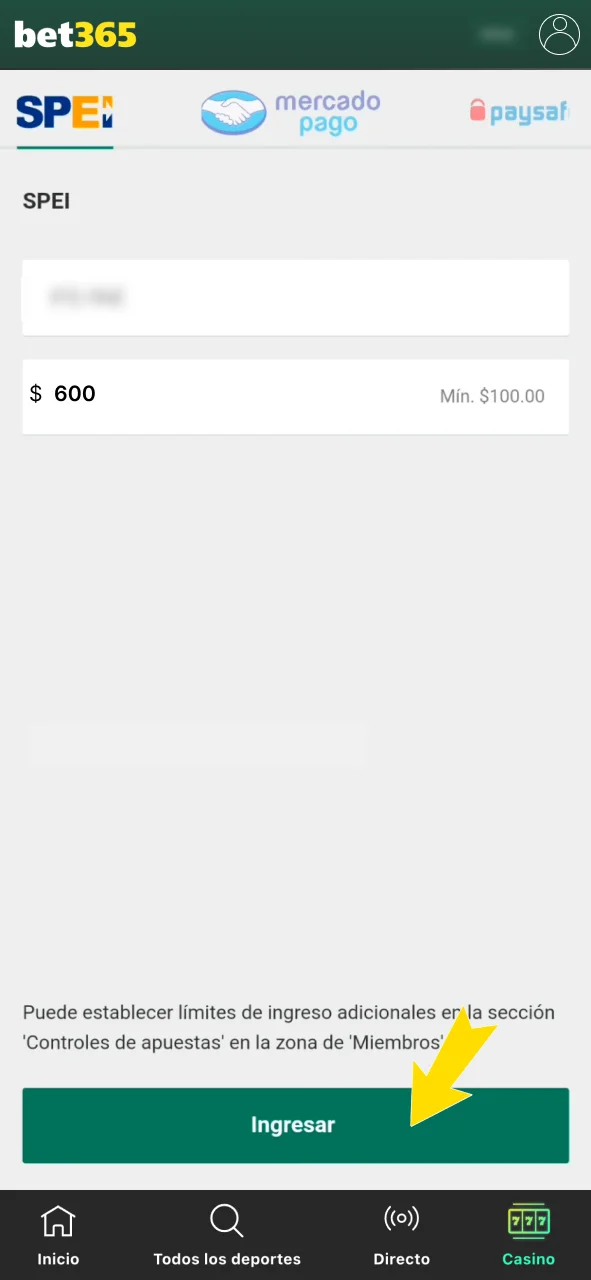 Finaliza tu transacción de saldo con Bet365.