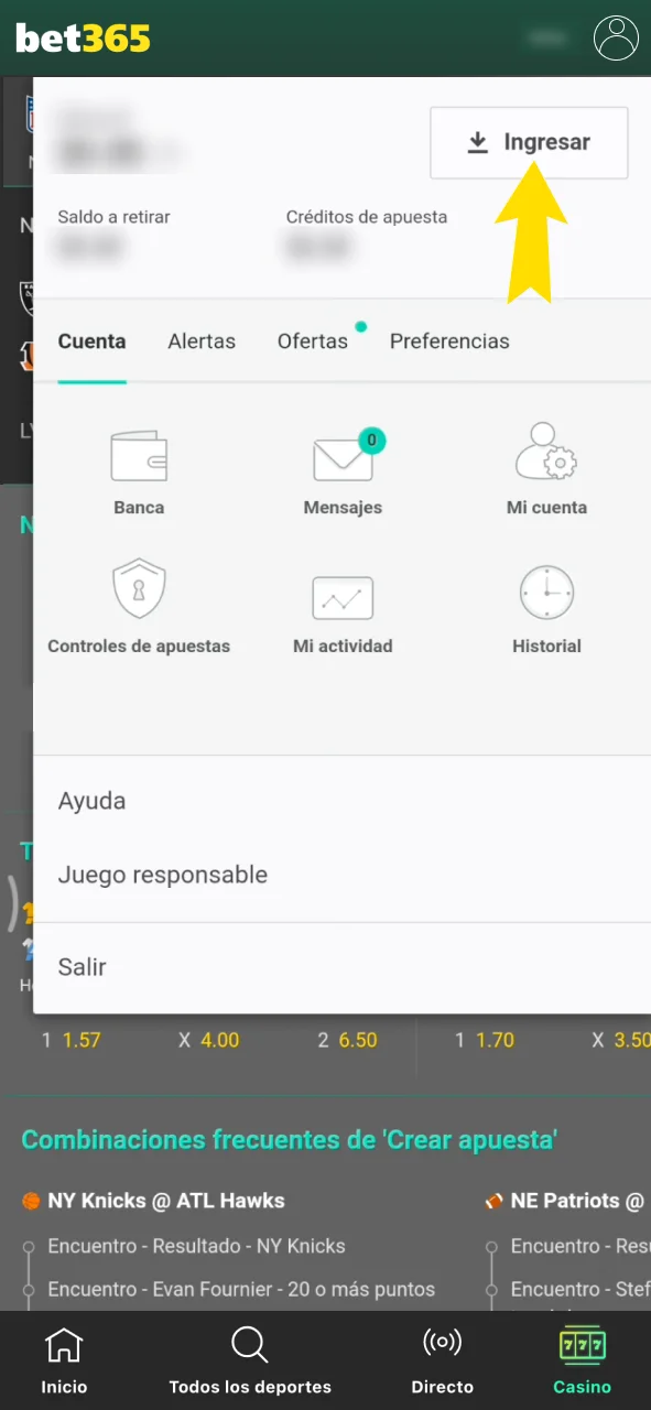 Pulsa la opción para ingresar dentro de Bet365.
