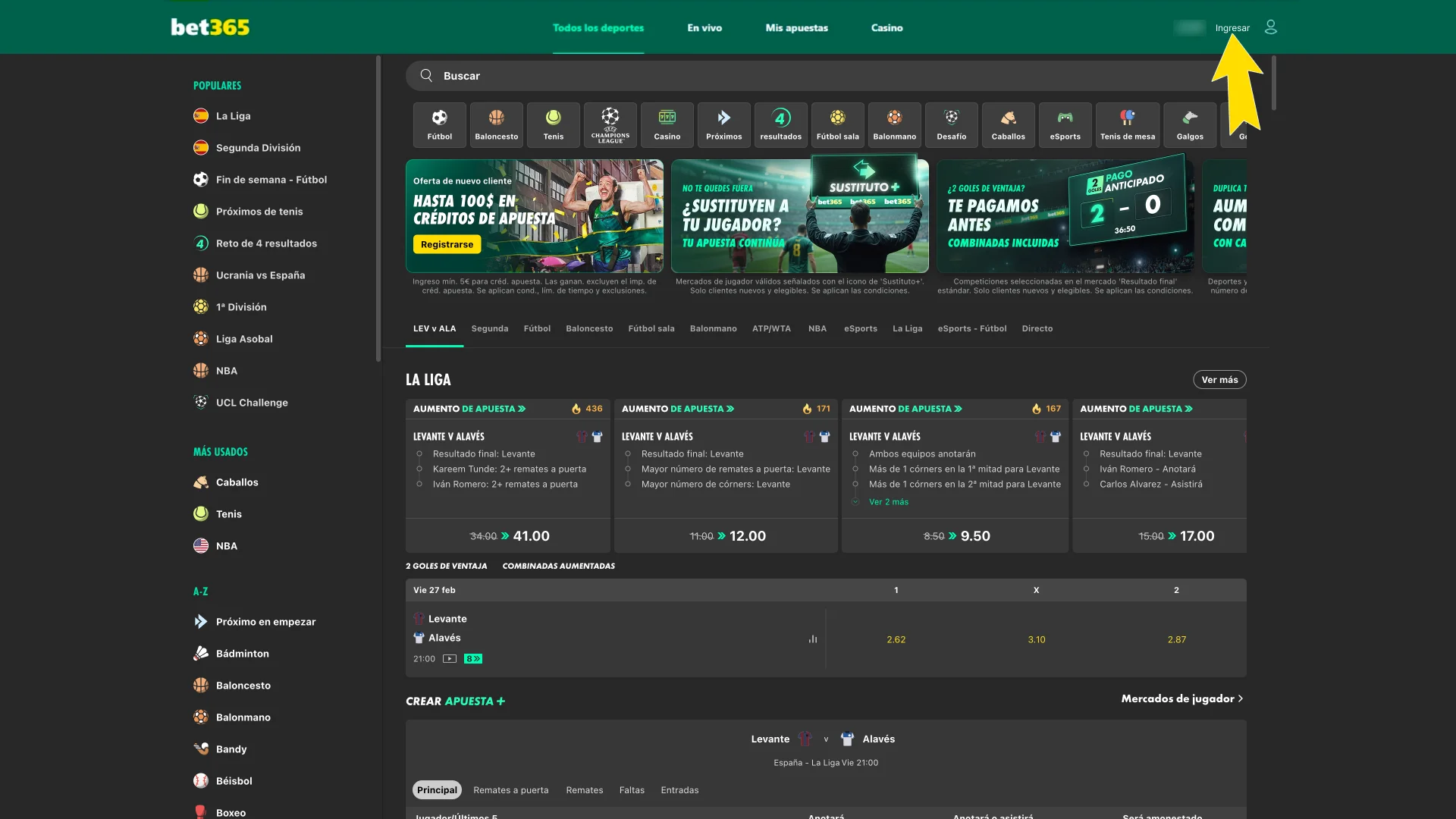 Presiona la opción para ingresar dinero en Bet365.