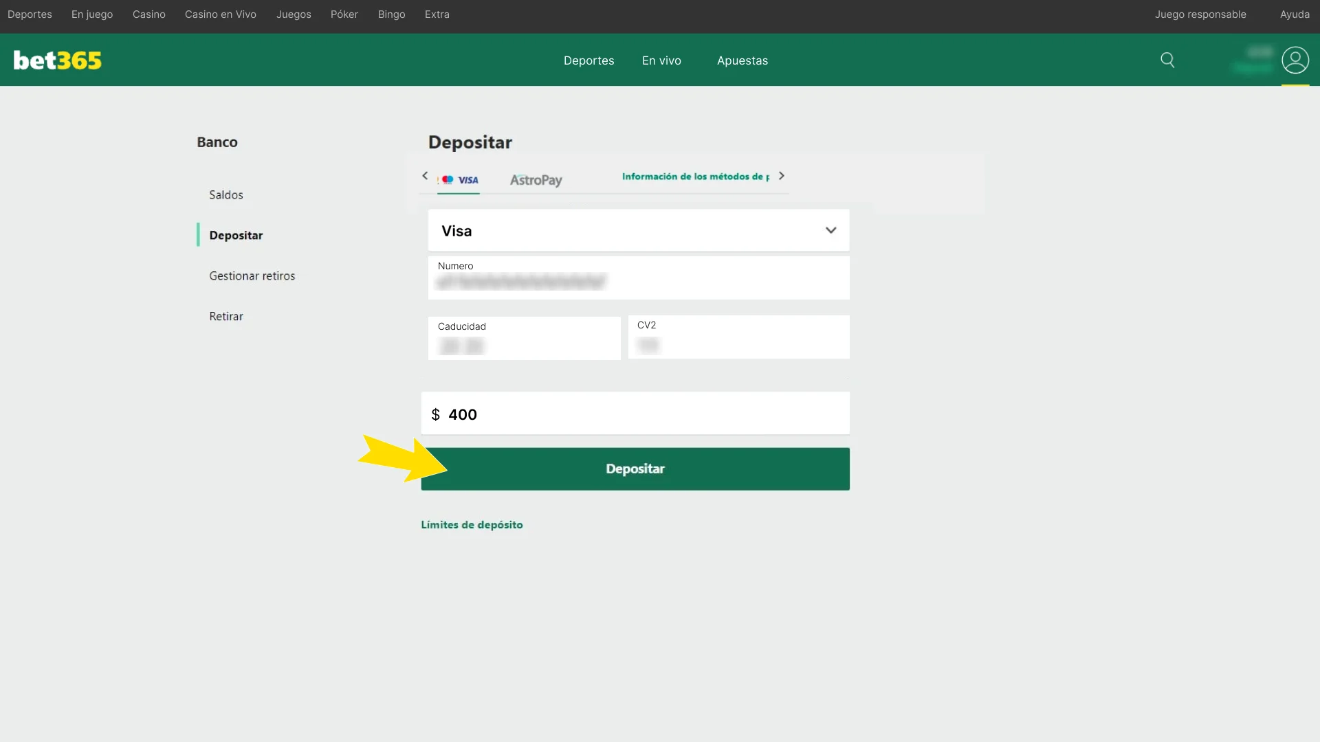 Añade la cantidad deseada dentro de Bet365.