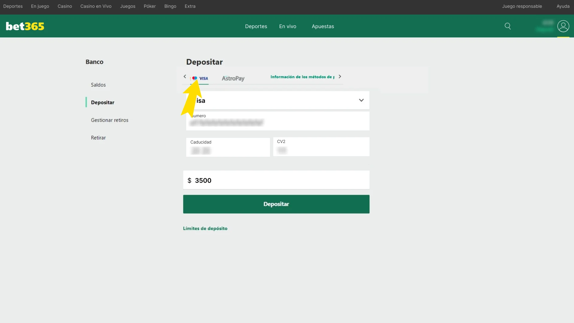 Escoge tu método de depósito en Bet365.