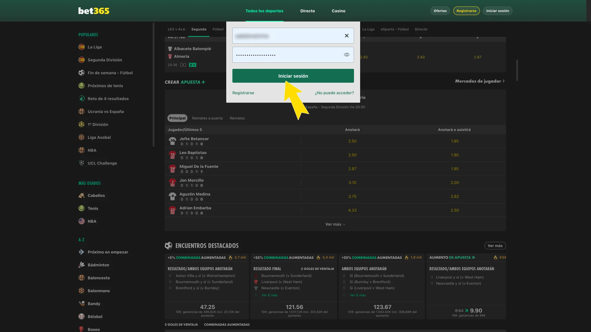 Bet365 permite entrar al menú principal rápidamente.