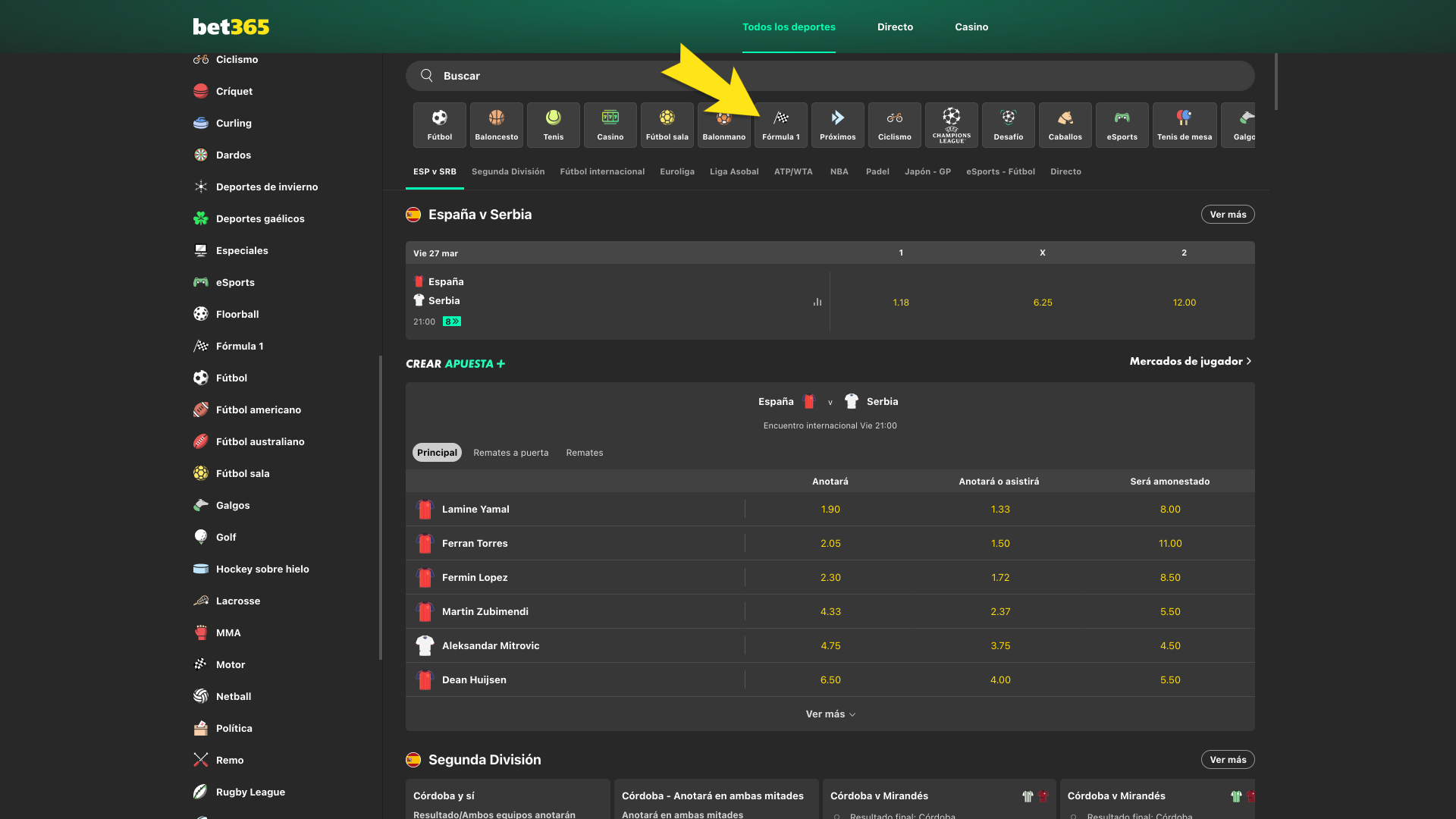 Ve a deportes en Bet365 y encuentra la sección de Fórmula 1 fácilmente.