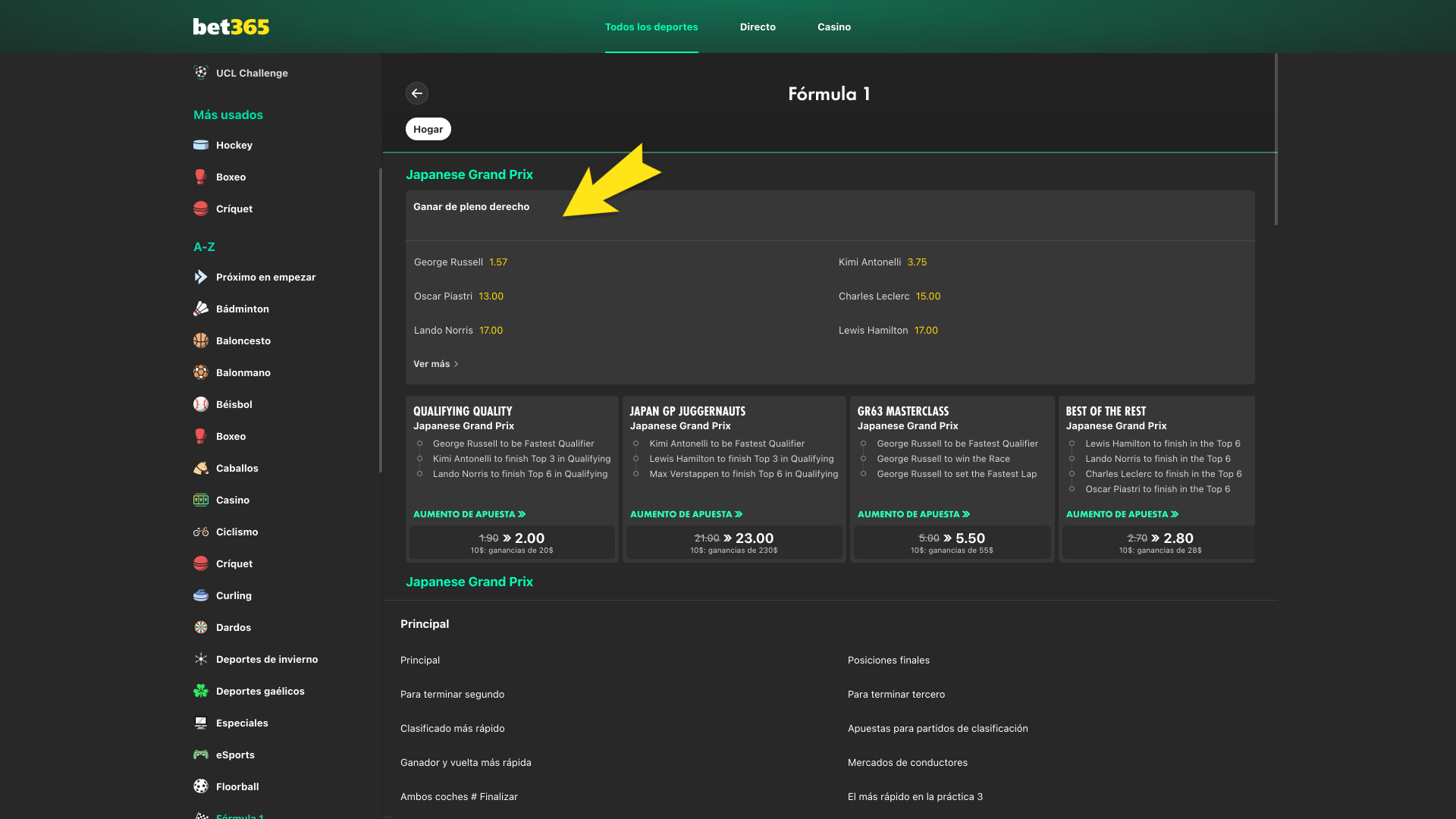 Escoge el Gran Premio en Bet365 y prepara tu apuesta en Fórmula 1.