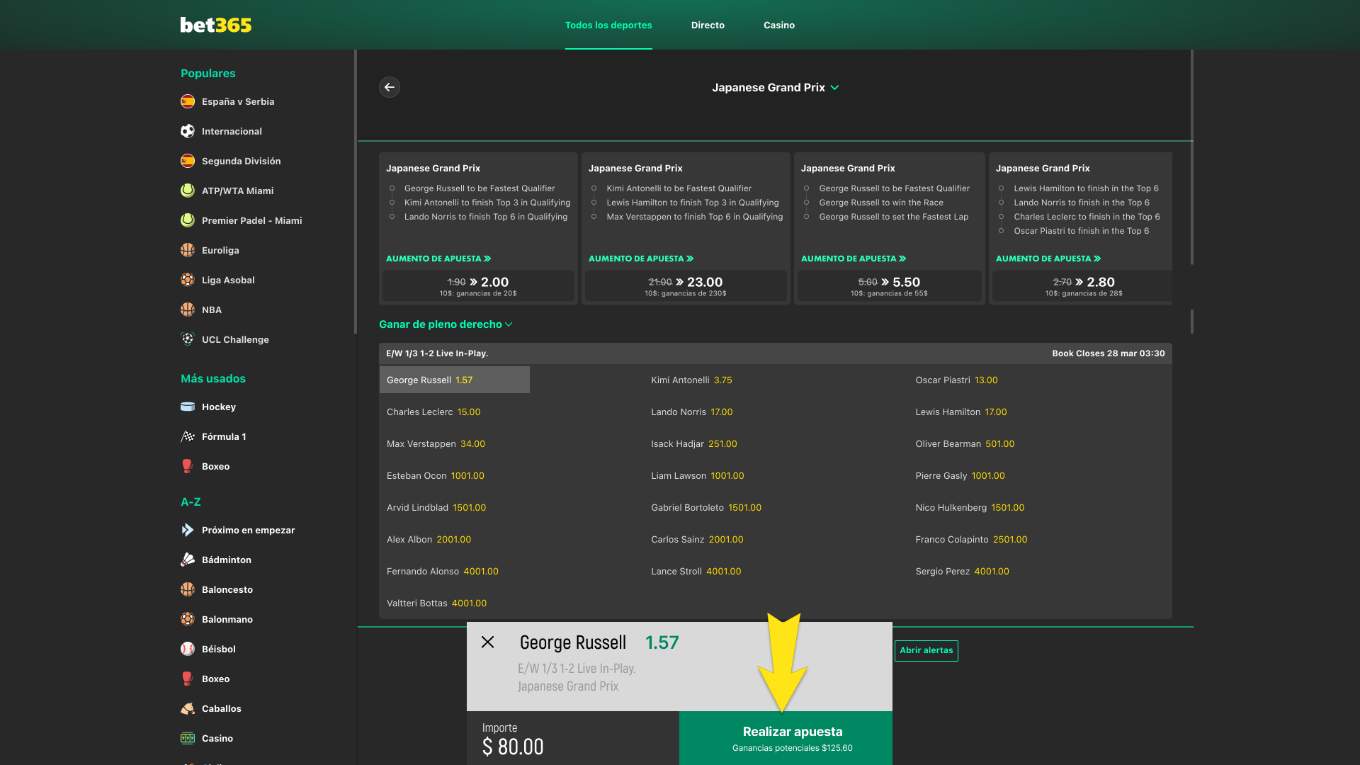 Completa tu apuesta en Bet365 ingresando el monto y confirmando al instante.