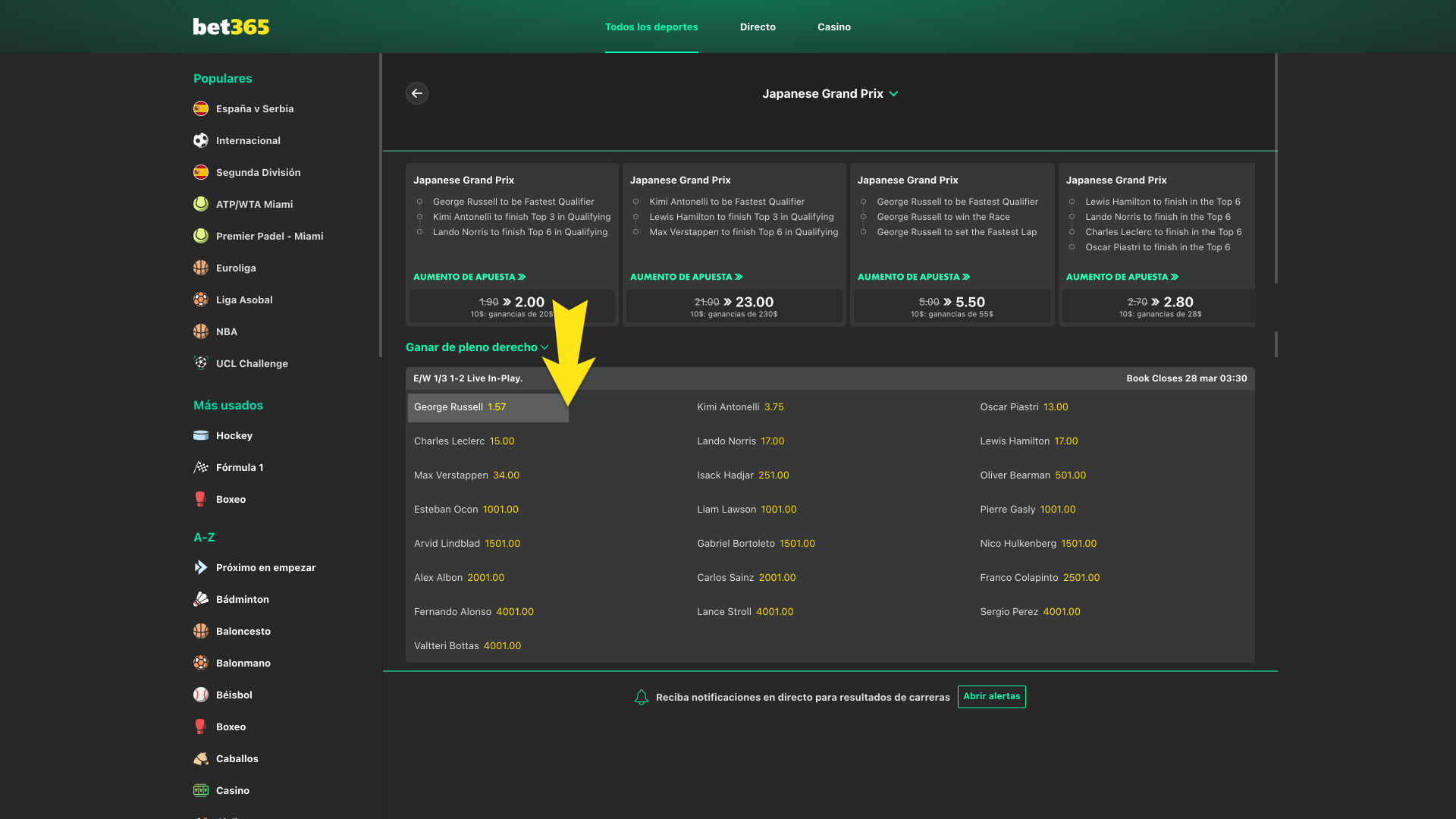 Explora mercados en Bet365 y selecciona la mejor cuota para tu apuesta.