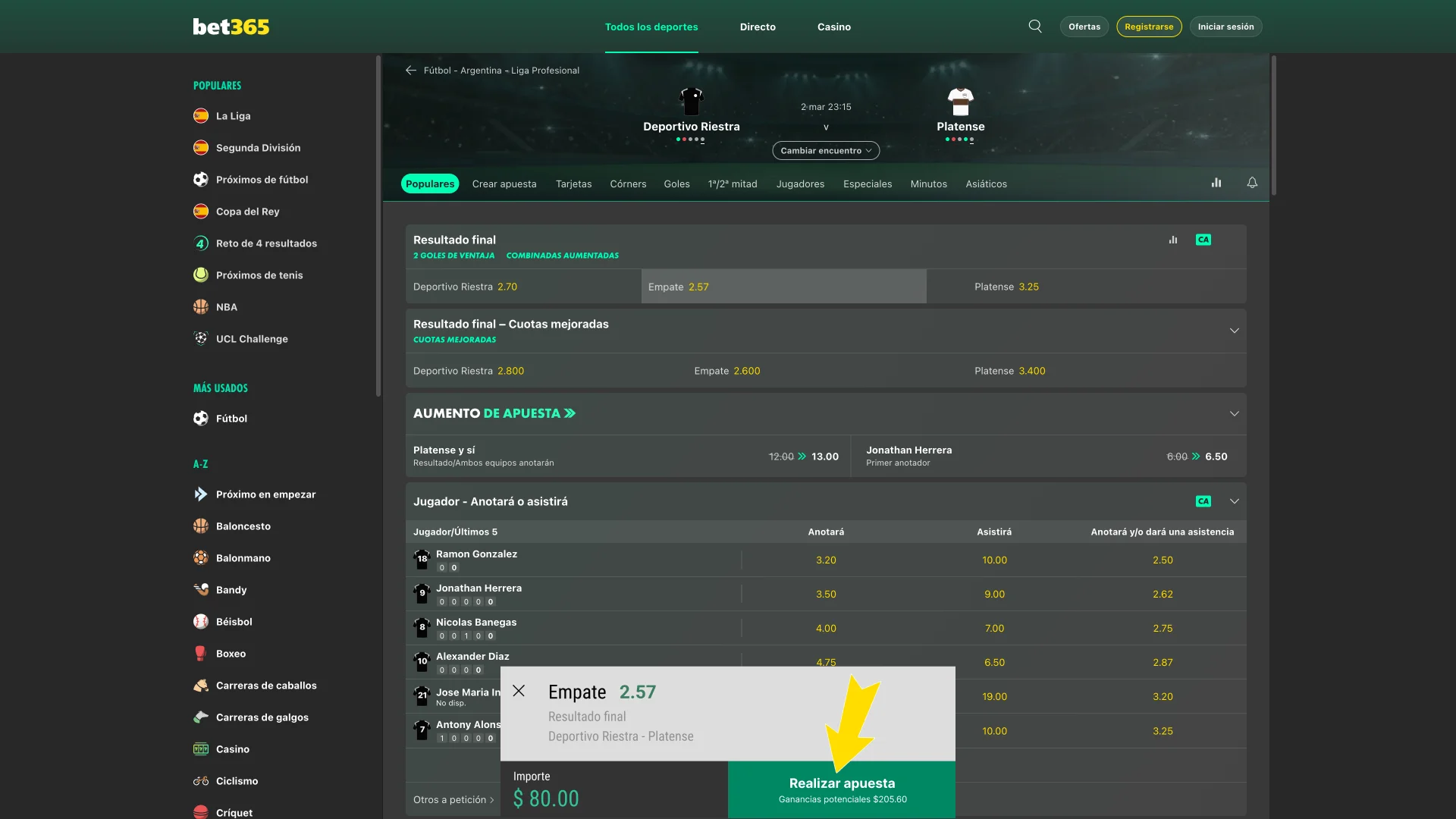 Confirma tu boleto de fútbol en el sistema de Bet365.