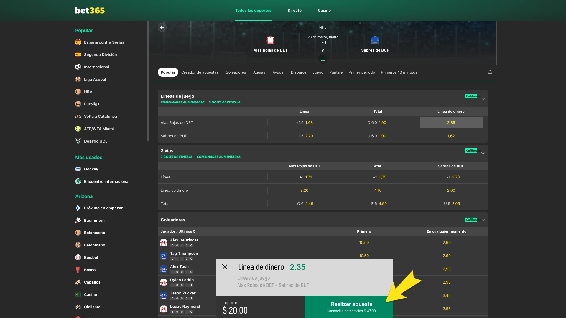 Introduce el importe en Bet365 y revisa el retorno antes de confirmar.
