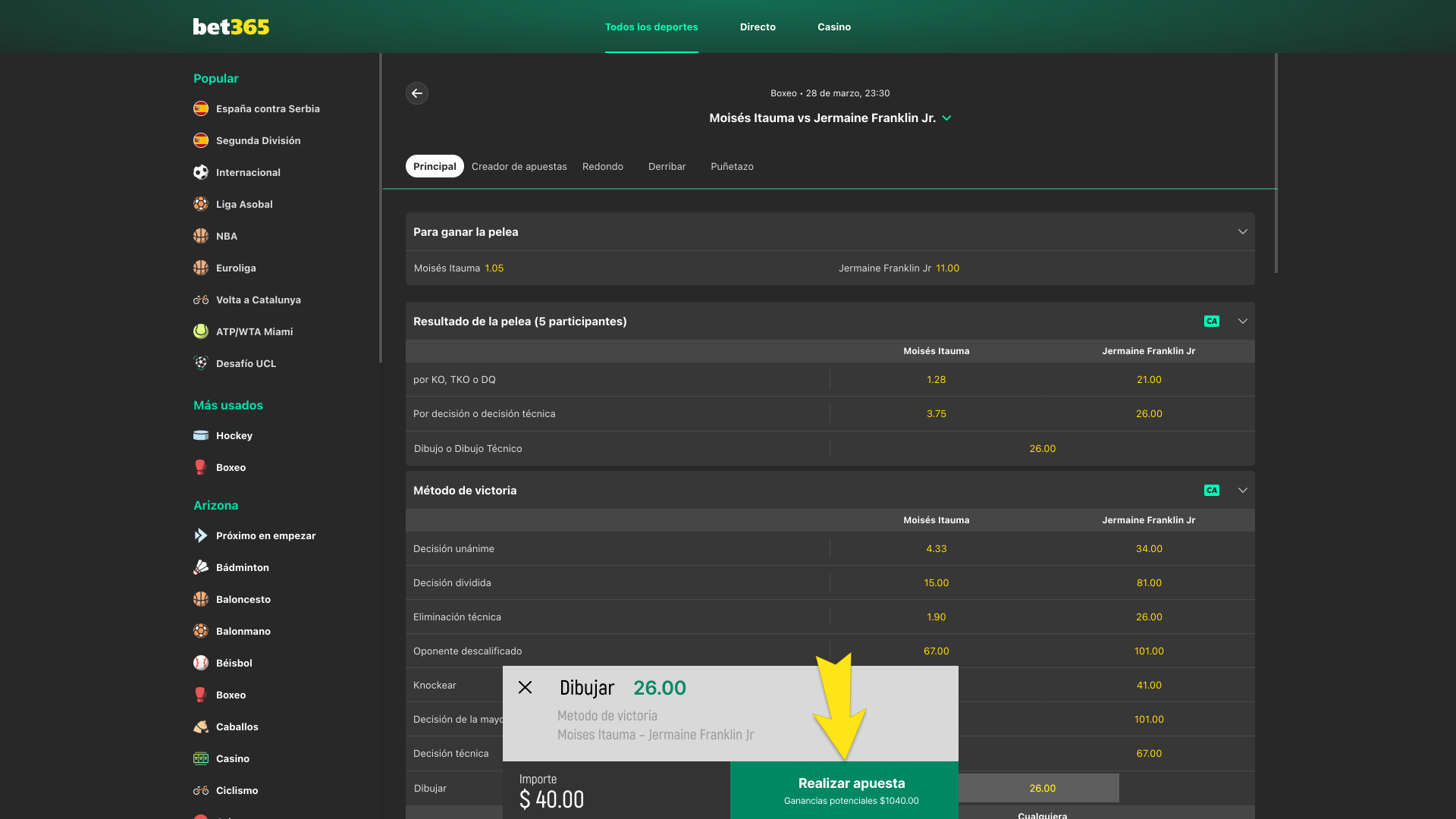Confirma en Bet365 tu selección y apuesta con total confianza.
