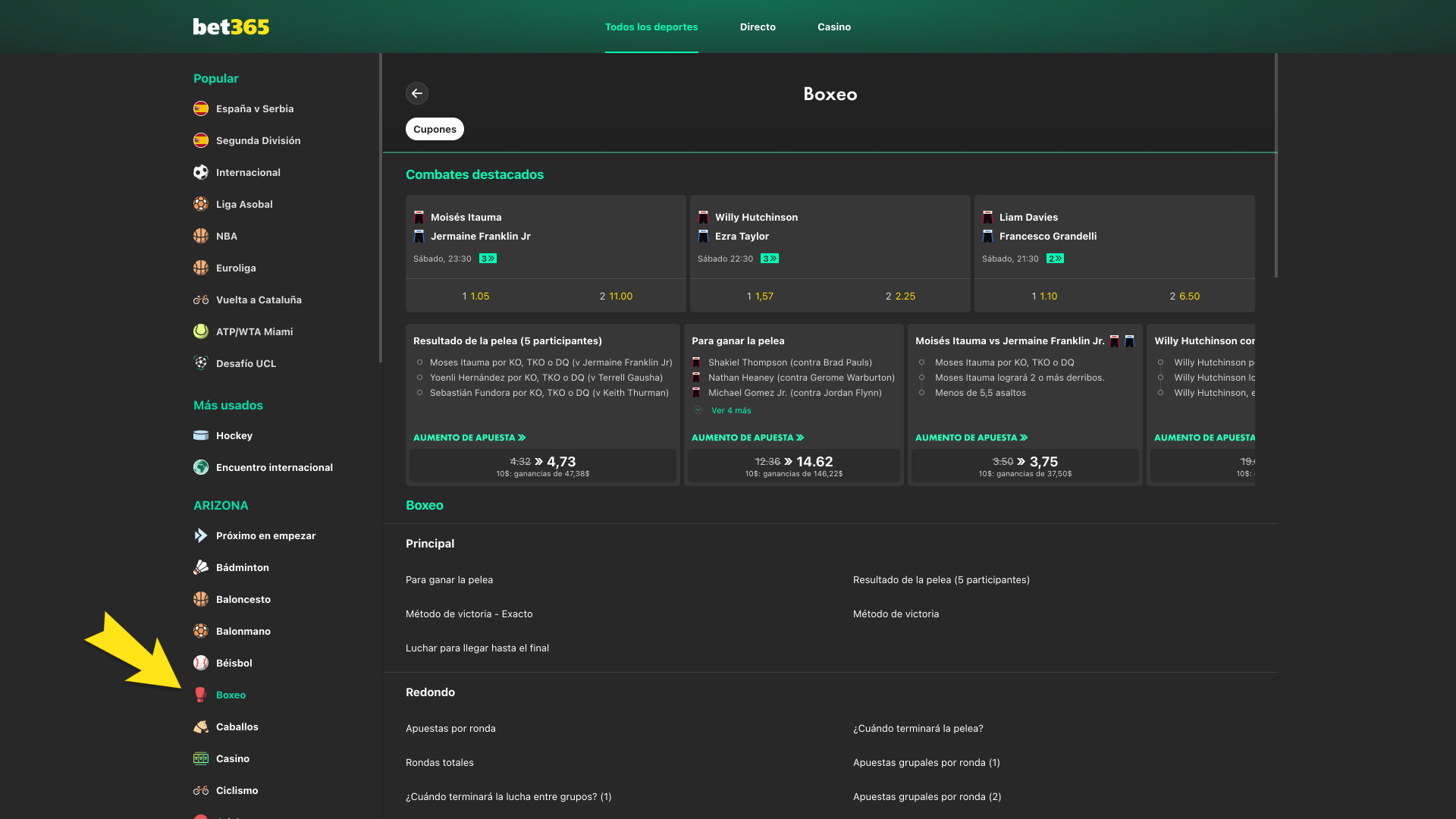 Selecciona MMA en Bet365 y prepárate para apostar en tus peleas favoritas.