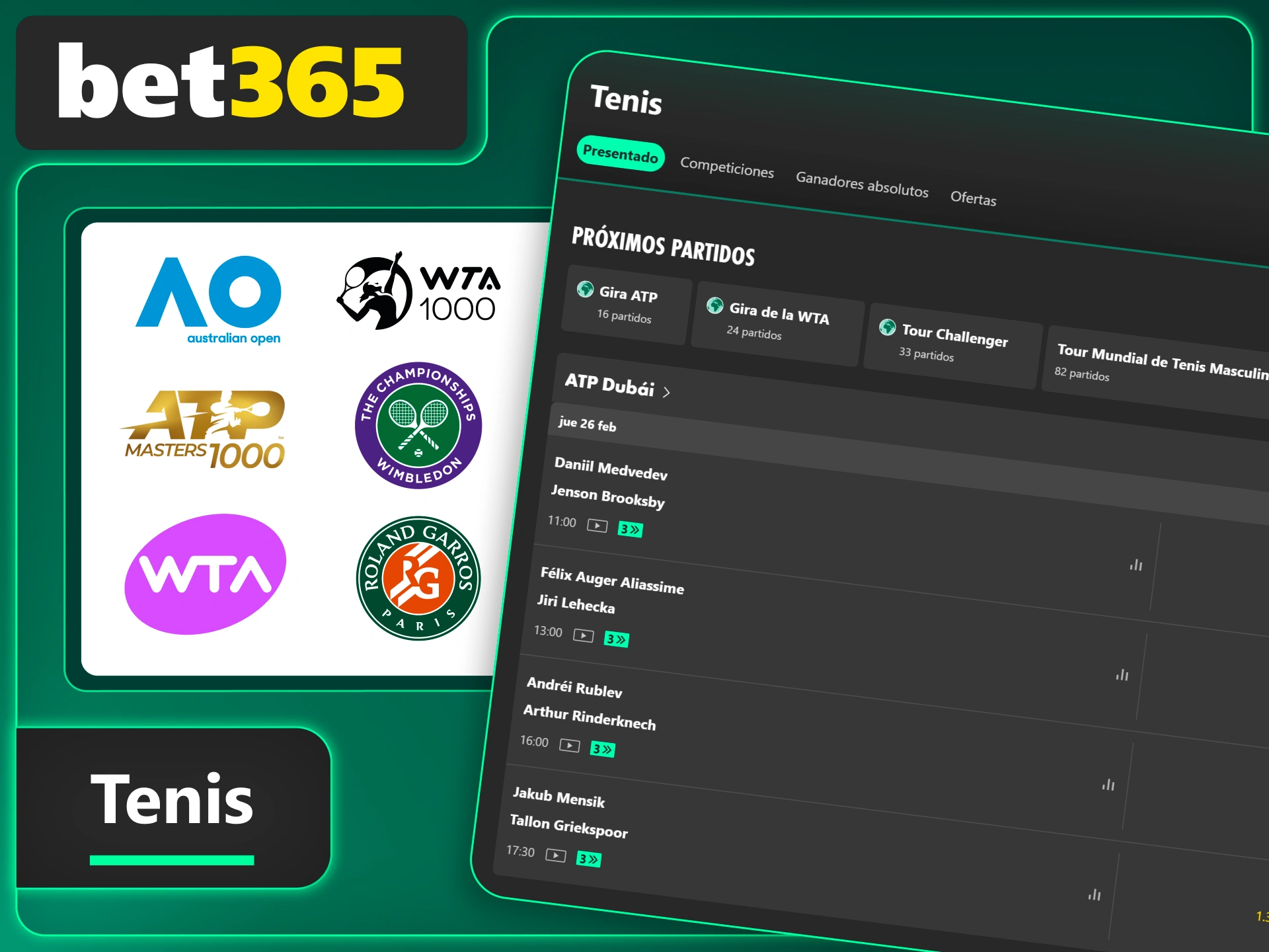 Apuesta en tenis con Bet365 y disfruta torneos todo el año con mercados variados.