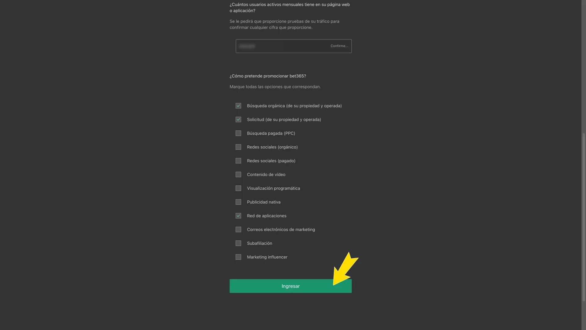 Marca cómo piensas promocionar a Bet365.