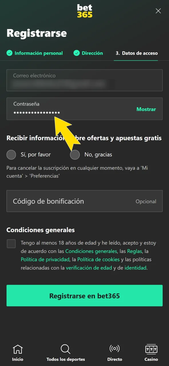 Crea una contraseña fuerte para tu perfil de Bet365.