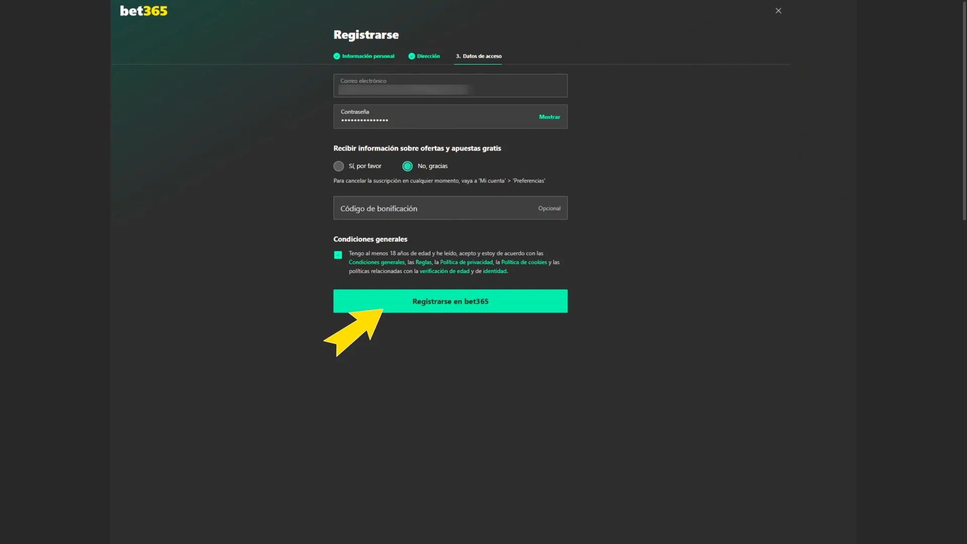 Haz clic en registrarse en Bet365 para finalizar el proceso.