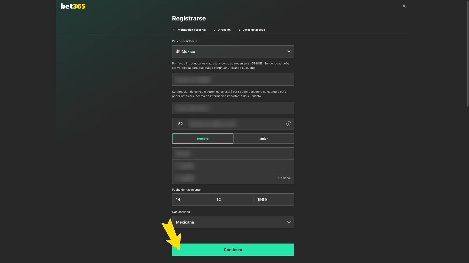 Completa toda la información necesaria dentro de Bet365.