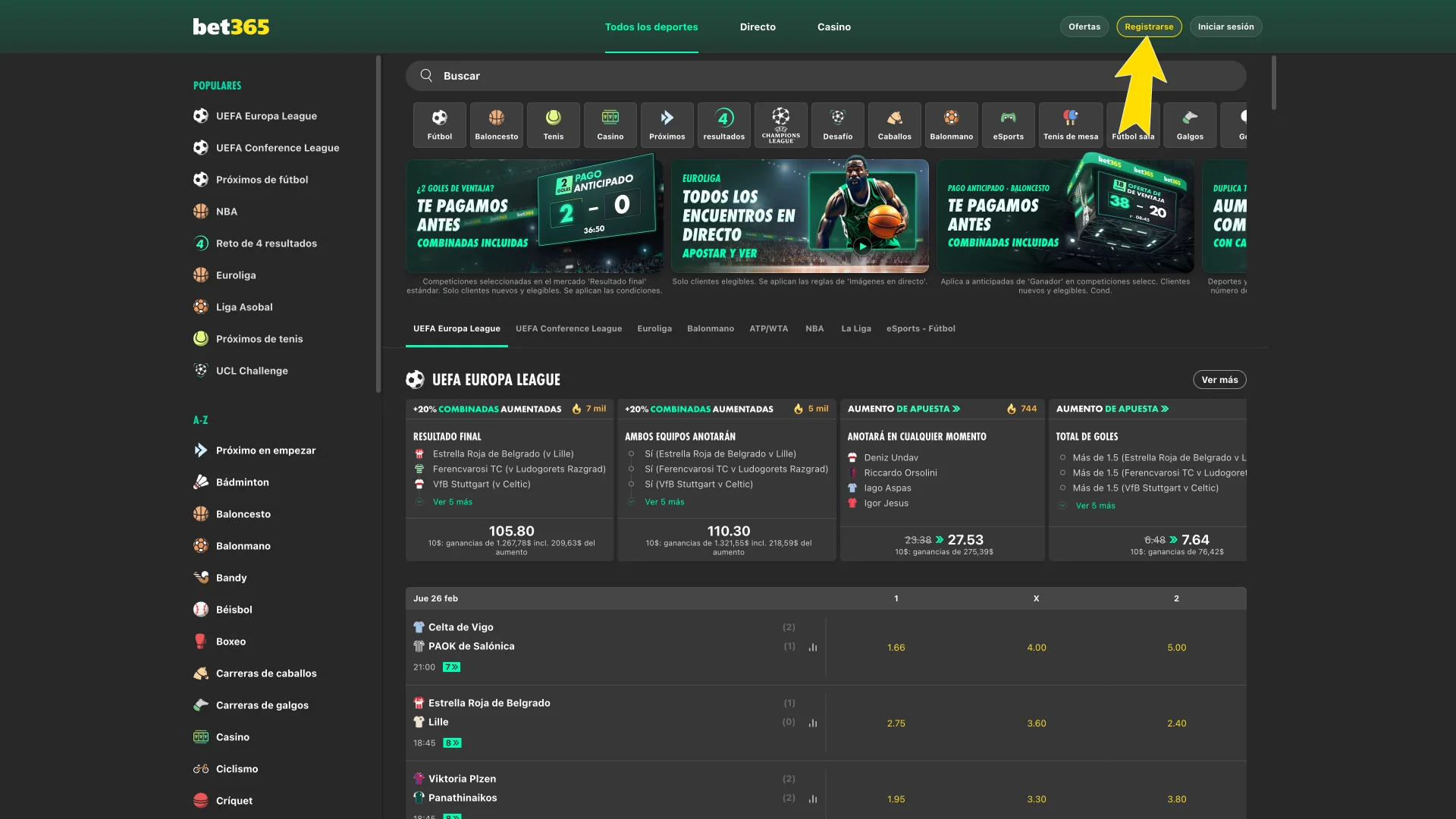 Haz clic en el botón de registro de Bet365.