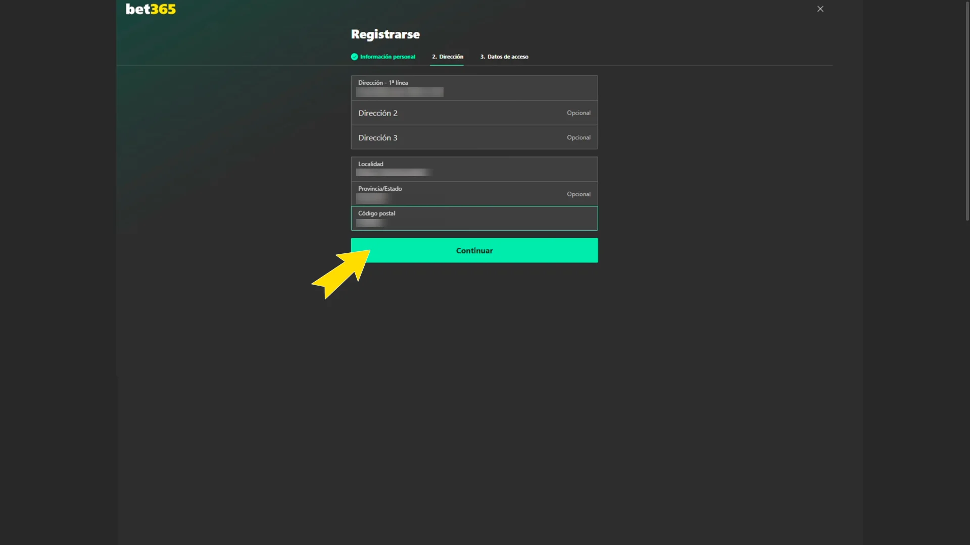 La plataforma Bet365 requiere los datos de tu domicilio.