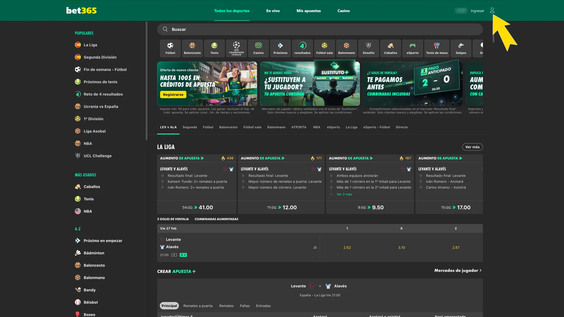 La plataforma Bet365 ubica el menú en la parte superior.