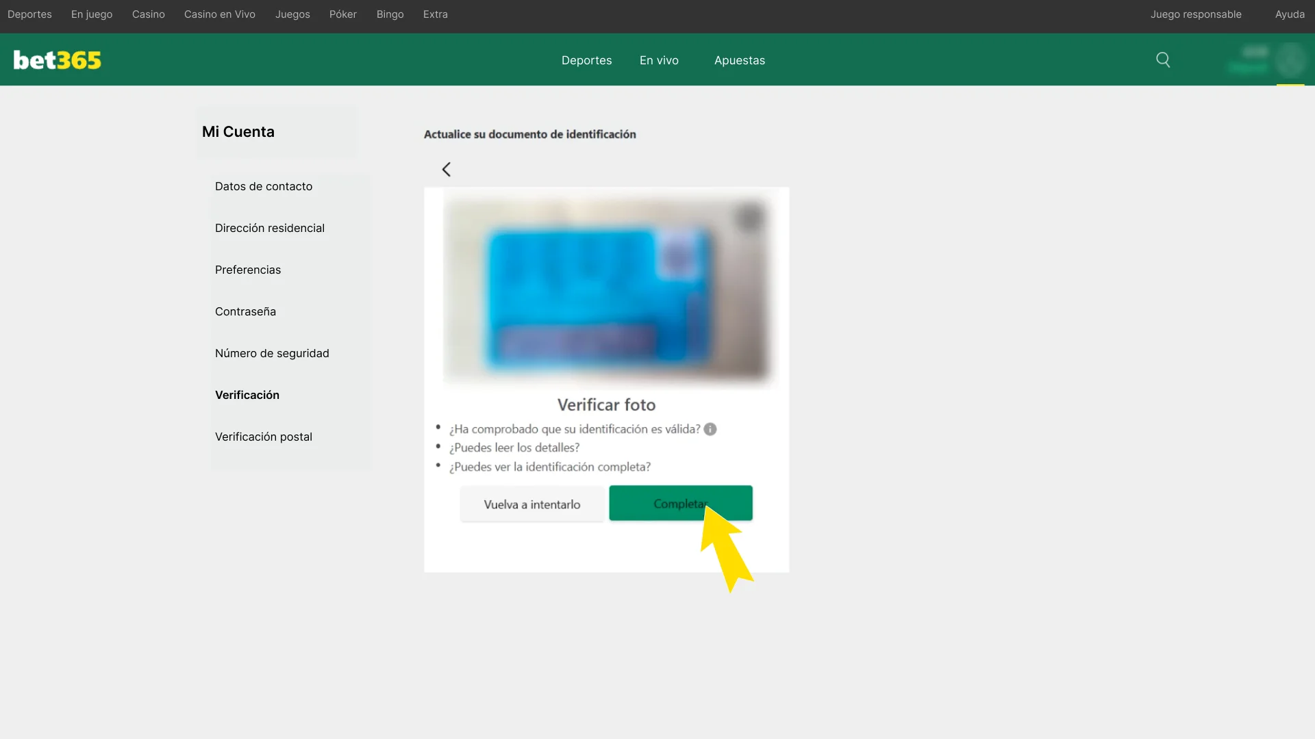 Bet365 requiere archivos extras para completar la verificación.