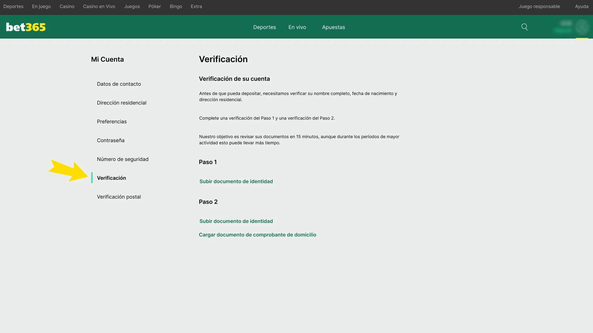 Entra al apartado de seguridad de Bet365 para validar.