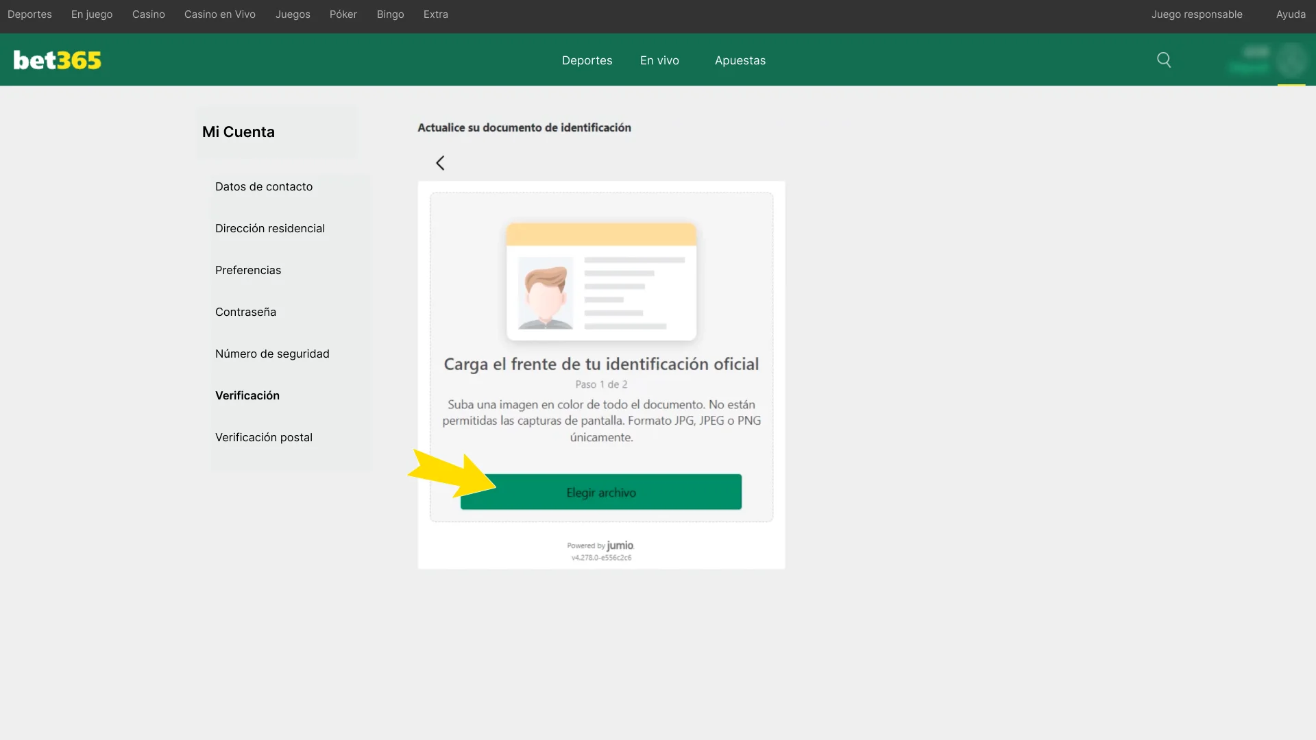 Sube una copia de tu documento de identidad a Bet365.