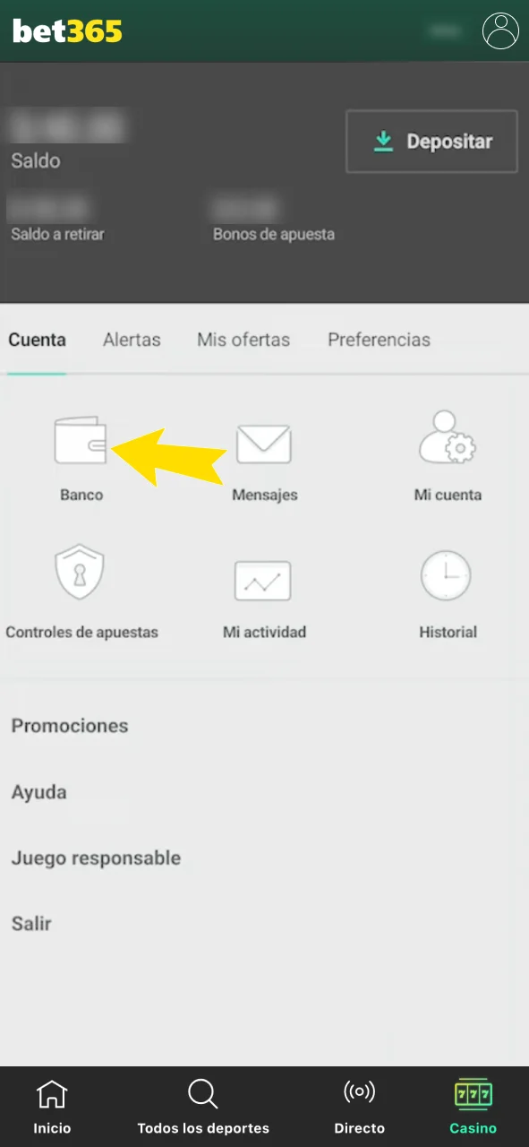 Selecciona el ícono de perfil en Bet365.