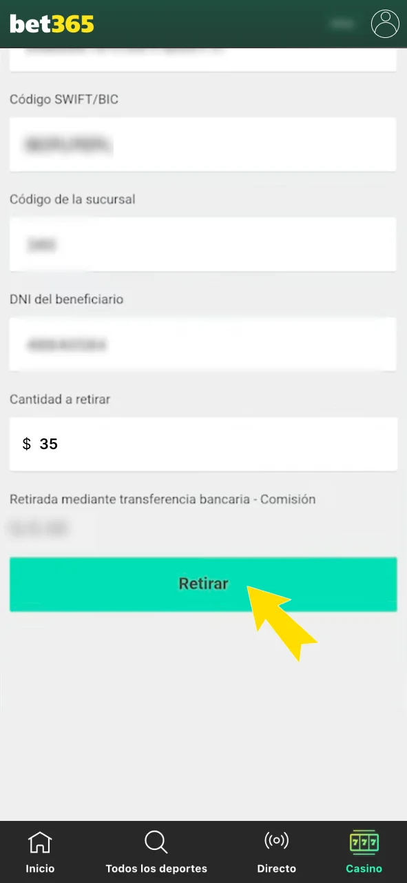 Finaliza tu solicitud de retiro dentro de Bet365.