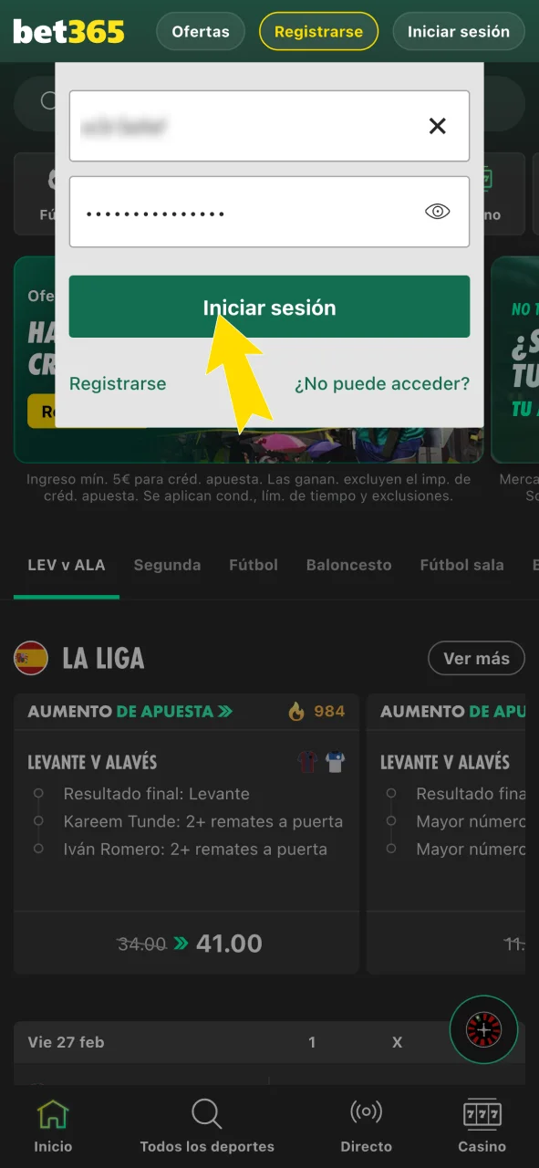 Accede a la aplicación móvil de Bet365.